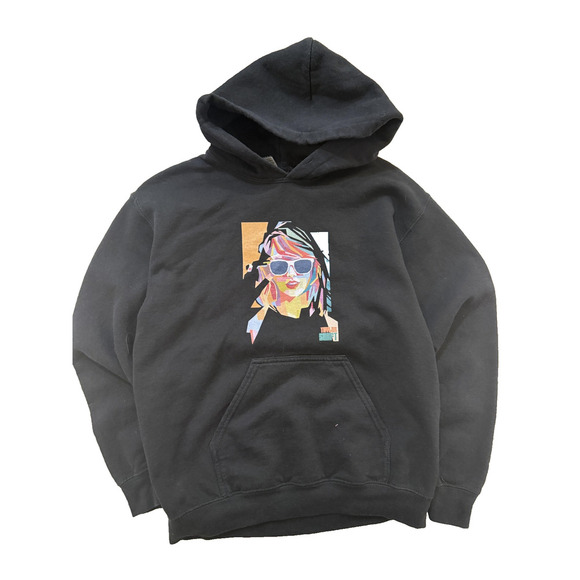 Taylor Swift Hoodie Womens SM Black Colorful Portrait Graphic Pullover Swiftie - Picture 1 of 6